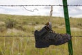 Old shoe hanging from barbed wire fence. Royalty Free Stock Photo