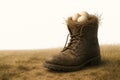 An old shoe with a nest with eggs in it. Space for text. Royalty Free Stock Photo