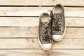 Old shoes hanging on a wooden Royalty Free Stock Photo