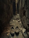 Old shoes in a narrow alley in the old city. Toned.