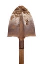 Old shovel with loam on white background