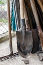 Old shovels rakes Royalty Free Stock Photo