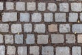A old sidewalk with dirty single grey brick stones
