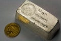 Old Silver Bullion Bar and Gold Coin Royalty Free Stock Photo