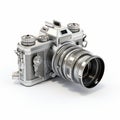 Vintage Silver Camera With Lens On White Background