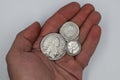 Old silver coins of Russian Empire in hand Royalty Free Stock Photo