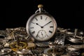 Old silver pocket watch on a pile of gears, gearwheels, cogwheels and metal bracelet on black isolated background Royalty Free Stock Photo