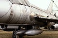 Old silver soviet fighter jet at outdoor museum