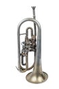 Old silver trumpet standing on a white background Royalty Free Stock Photo