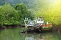 Old Sink fishing boat dock dead along mangrove canal river fores Royalty Free Stock Photo