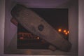 Old skateboard in an urban area at night Royalty Free Stock Photo