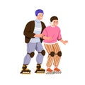 Old skaters couple on rolling shoes. Happy senior man and woman on roller skates. Modern active elderly people, family Royalty Free Stock Photo