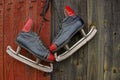 Old skates hang on the wooden door Royalty Free Stock Photo