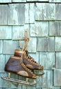 Old skates on a grungy wall Royalty Free Stock Photo