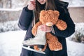 Old skates and a teddy bear in the hands of a young woman in winter. Royalty Free Stock Photo