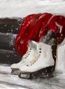 Old Skates on wooden bench under snow Royalty Free Stock Photo