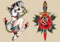 Old Skool tattoo Pin Up girl and Dagger and Rose vector illustration poster template