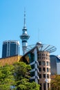 Old skyscrapers in downtown Auckland and the Skytower in the background