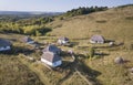 Old Slavic Village. Aerial view on old folk houses summer
