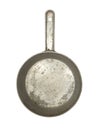 Old small aluminum alloy frying pan with handle isolated on a white background