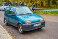 Classic old blue Polish car Fiat Cinquecento driving