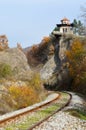 Old small stone church on the hill above the railway Royalty Free Stock Photo