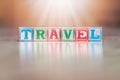 Small toy wooden blocks spelling word travel Royalty Free Stock Photo