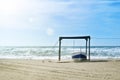 An old small wooden fishing boat standing at the sandy white wild beach on sunny cloudy day, Cabo de Gata, Almeria Royalty Free Stock Photo