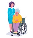 Old smiling woman sitting in the wheelchair and a nurse standing near her. Senior care concept. Disabled pensioner Royalty Free Stock Photo