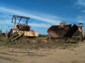 Old Smooth drum roller and Asphalt finisher on cunstruction site Royalty Free Stock Photo