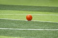 Old soccer ball on artificial green grass field Royalty Free Stock Photo