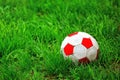 Old soccer ball in grass Royalty Free Stock Photo