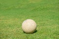 Old soccer ball on green grass of soccer field Royalty Free Stock Photo