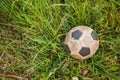 Old Soccer ball on the green grass with copy space, top view Royalty Free Stock Photo