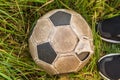 Old Soccer ball on the green grass, top view Royalty Free Stock Photo