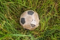 Old Soccer ball on the green grass, top view Royalty Free Stock Photo