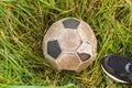 Old Soccer ball on the green grass, top view Royalty Free Stock Photo