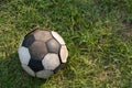 old soccer ball placed on  green grass by top view Royalty Free Stock Photo