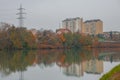 Old socialistic city blocks in the suburb of Maribor next to Drava river on a cold autumn day