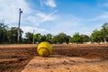 Old softball on Homepage and View of a Softball Field from Home Plate Royalty Free Stock Photo