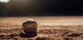 Old softball on the sand, close-up. AI generated with free space, idea for a banner