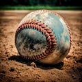 Old softball on the sand, close-up. AI generated illustration Royalty Free Stock Photo