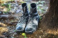 Old soldiers boots of the army of Israel in dust in forest. Concept: Soldiers Tzahal