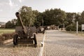 Old Soviet anti-tank divisional gun 85 mm D-44 form World War II in front of the Wedrowiec Fort bunker in Wegierska Gorka, Poland