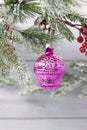 Old soviet decoration on the Christmas tree  glass toy fruit basket close up on light background Royalty Free Stock Photo