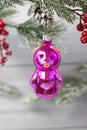 Old soviet decoration on the Christmas tree  glass toy teddy bear close up on light background Royalty Free Stock Photo