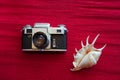 Old Soviet film camera and a beautiful sea light shell lie on a textured red paper Royalty Free Stock Photo