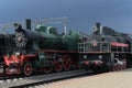 Old Soviet locomotives in the Museum of the history of railway transport at the Riga station in Moscow Royalty Free Stock Photo