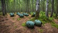 Old soviet underwater naval mines casings scattered the forest of Naissaar island, Estonia