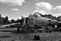 Aviation museum in Latvia. Old Soviet Union military plane. Black and white image Royalty Free Stock Photo